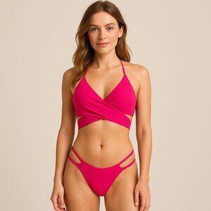 South Beach Pink Bikini US 8 Strappy Wrap Top & Cheeky Bottoms Y2K Beachwear